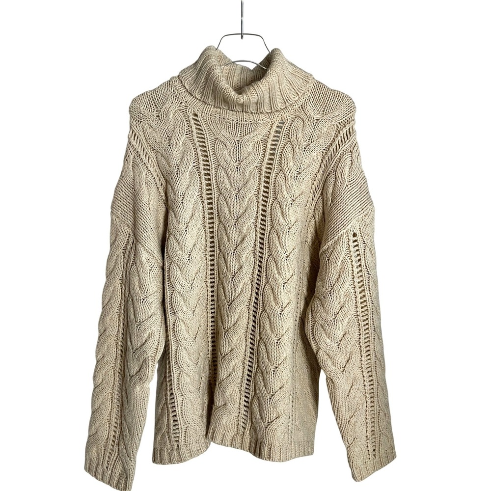 NAADAM Mens Wool Cashmere Cable Knit Fisherman Turtleneck Sweater Oatmeal Large